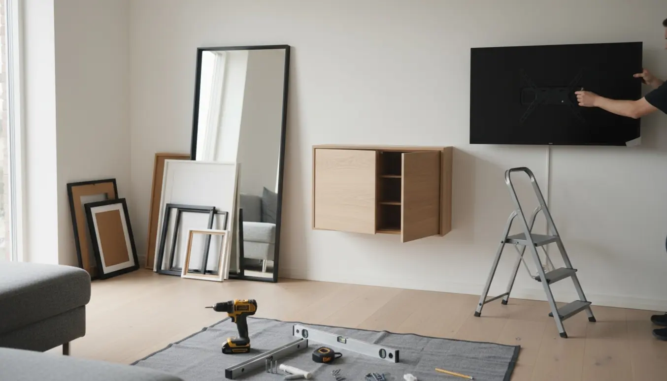 Et lyst, skandinavisk rum hvor skoskab, spejl, billedrammer og et fjernsyn er ved at blive monteret.