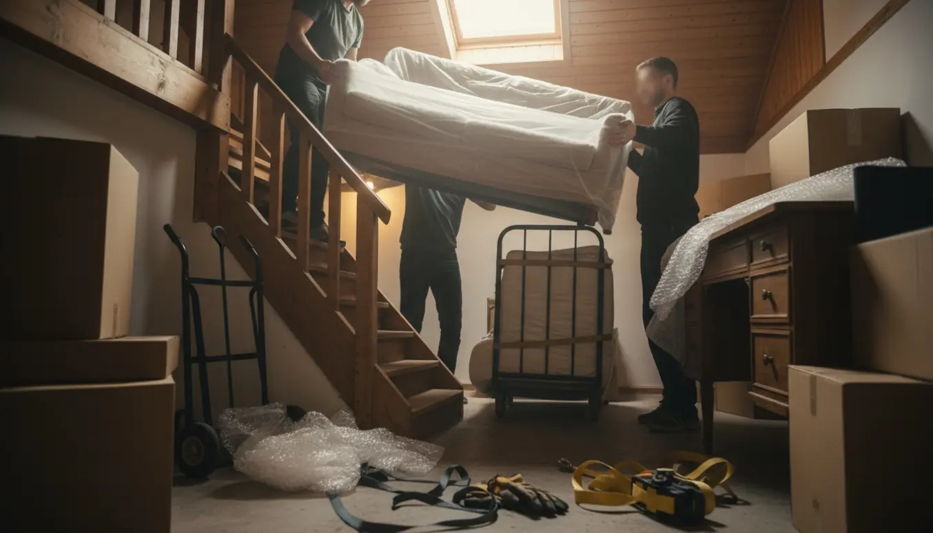 Flyttefolk sænker sofa, senge og et indpakket skrivebord ned ad en smal trappe fra hems til kælder i en villa.