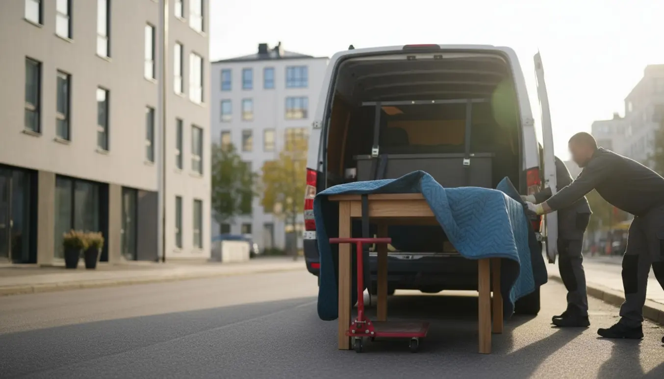 Et spisebord på cirka 140x78 cm pakkes og læsses ind i en varevogn uden synlige ansigter.