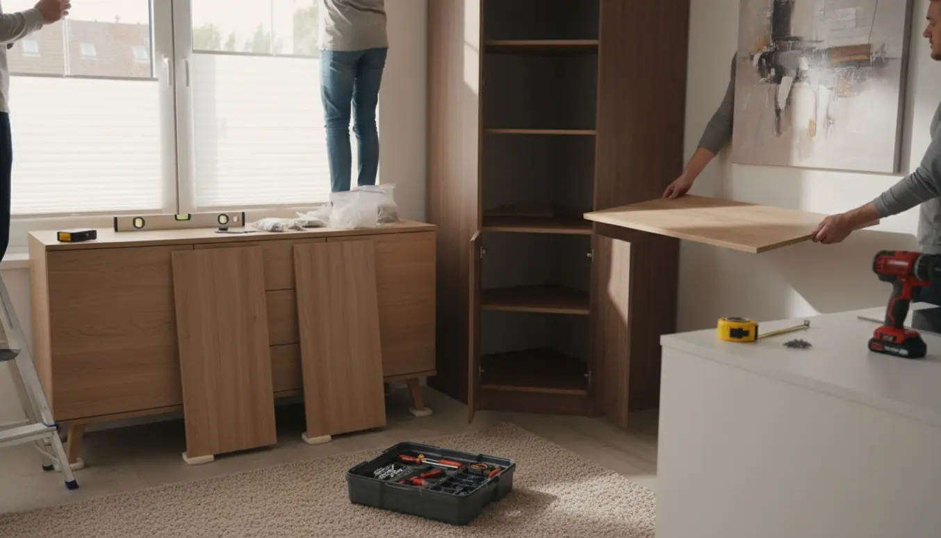 Hænder monterer plisségardiner, sætter skabslåger på plads og isætter hylde i en lys lejlighed.