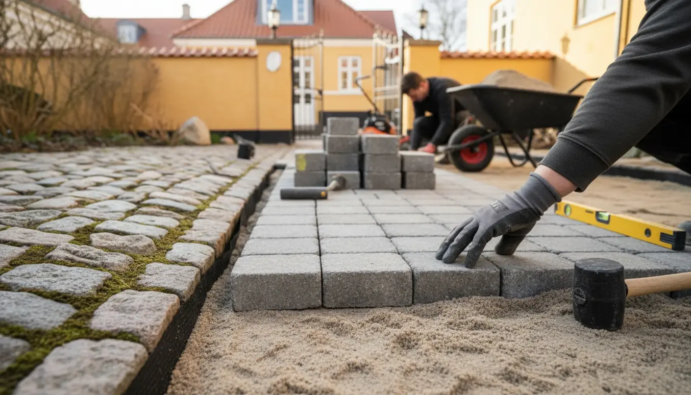 Hænder lægger herregårdssten i en forhave i Odense med dug under stenene og naturlige sten i baggrunden.