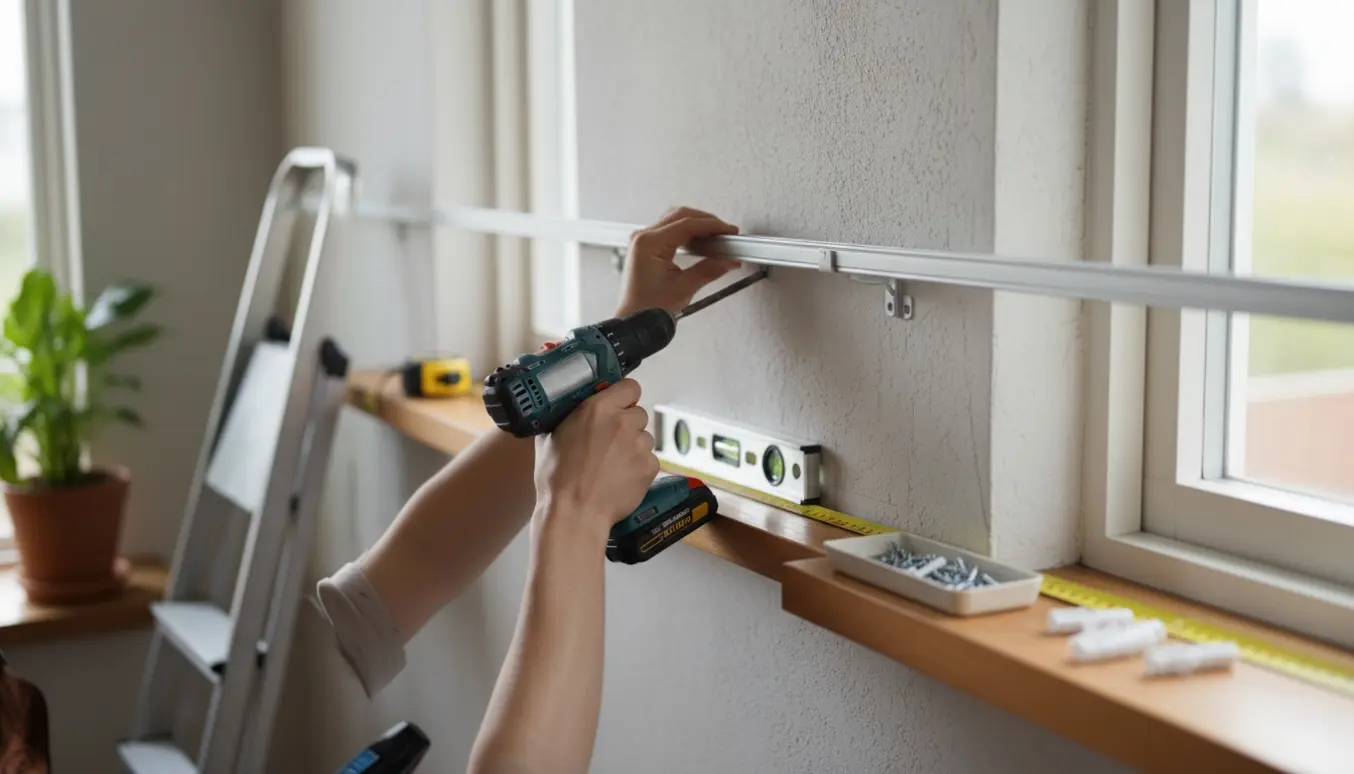 Nærbillede af hænder, der monterer to gardinskinner fra væg til væg over et vindue med boremaskine og vaterpas.