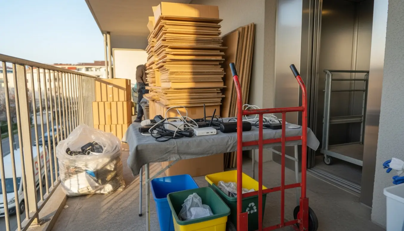 Flyttekasser, sække og elektronik sorteres på en altan ved elevatoren klar til genbrugspladsen.