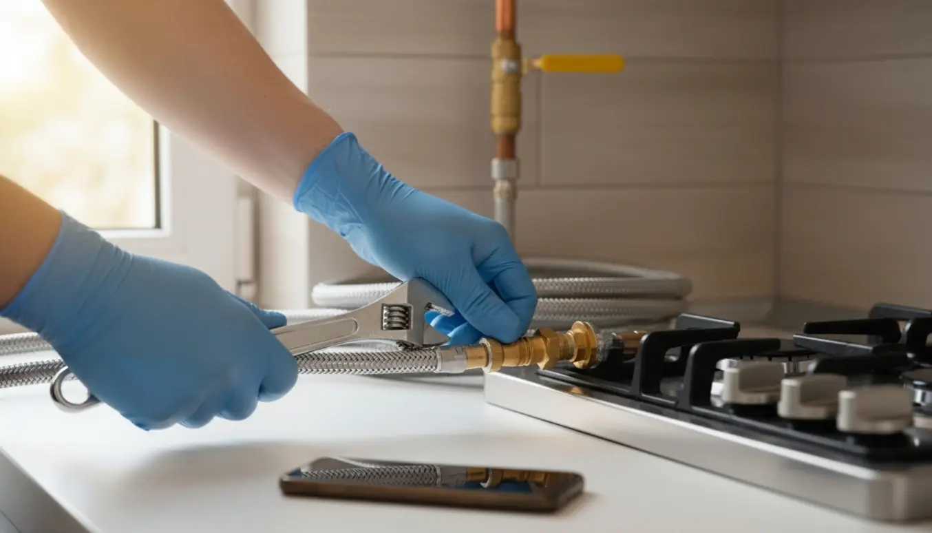 Nærbillede af teknikerhænder, der tilslutter en fleksibel gastilførsel til et gaskomfur i et lyst køkken.