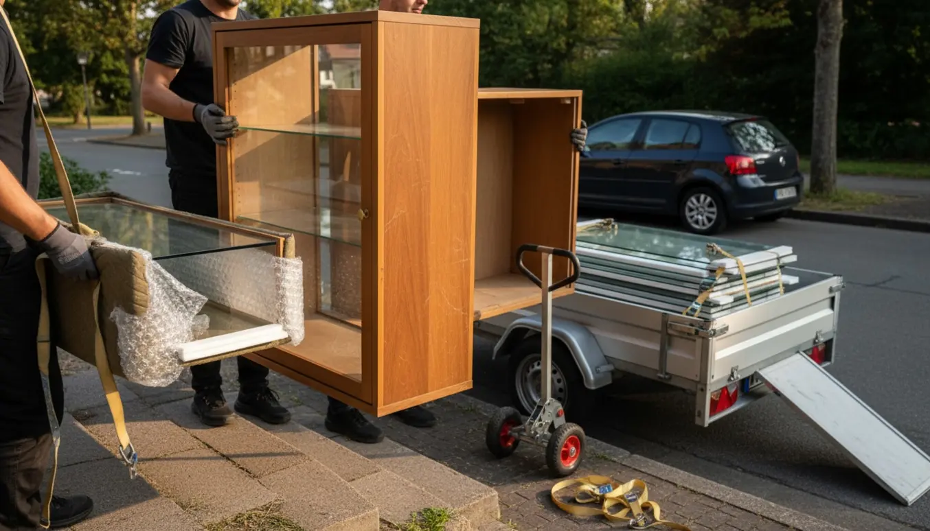 Et delvist skillt vitrineskab bæres ned ad en kort trappe mod en trailer klar til lokal transport.