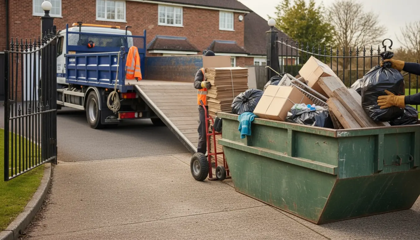Åben indkørsel med en container og lastbil hvor affald bliver læsset, med fri adgang og arbejdshænder i fokus.