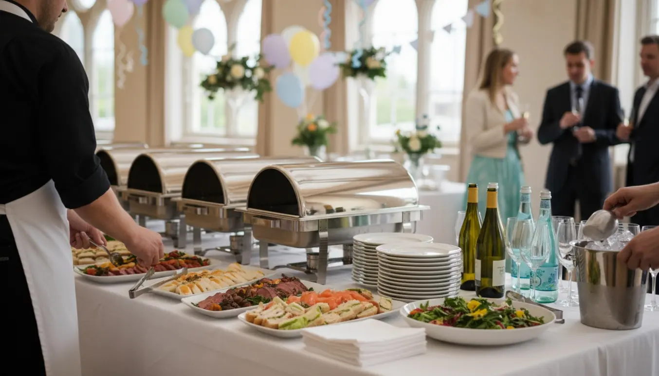 Hænder ordner buffet og fylder bar ved en konfirmation, med slørede gæster i baggrunden.