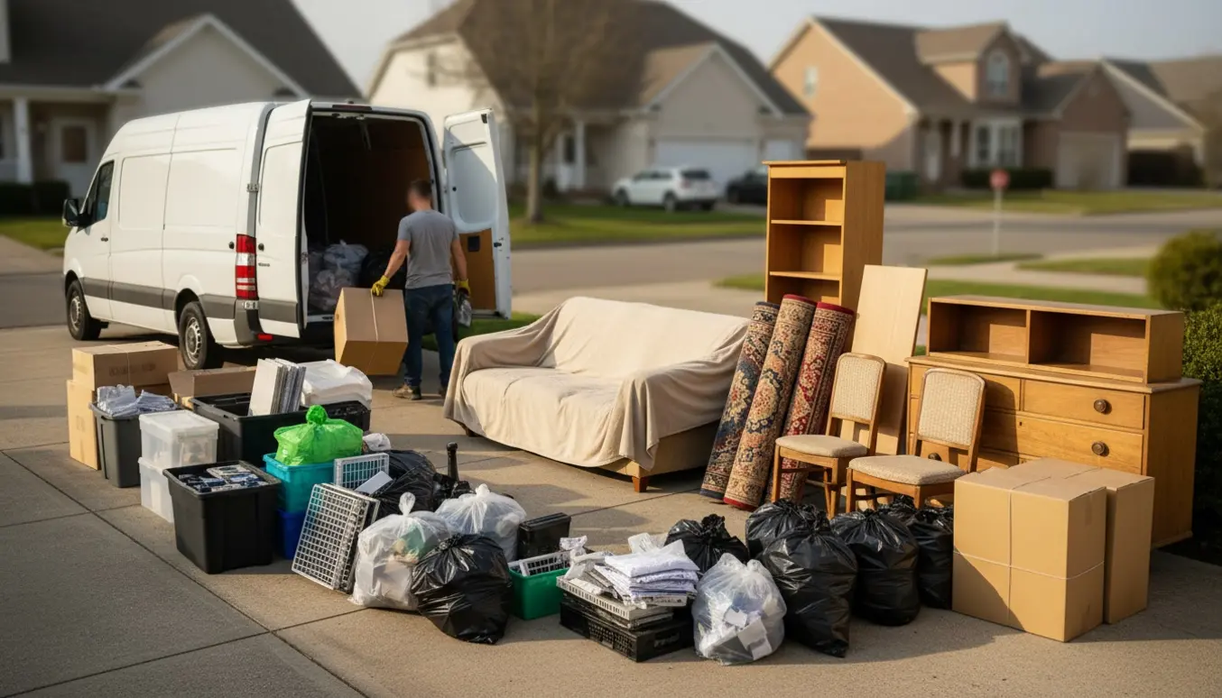 Flyttefolk læsser blandet affald og møbler op i en varevogn på en indkørsel til afhentning.