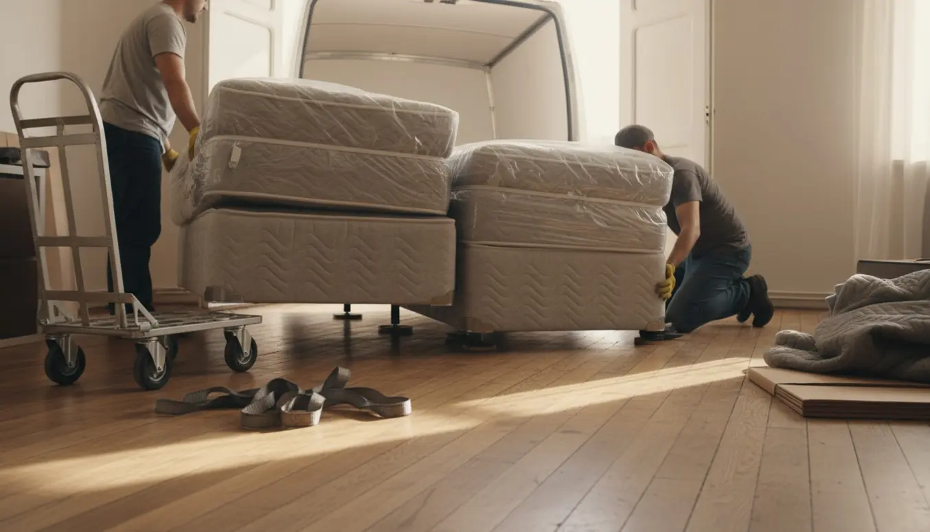 To personer bærer to indpakkede enkelt boxmadrasser ud mod en åben flyttevogn.