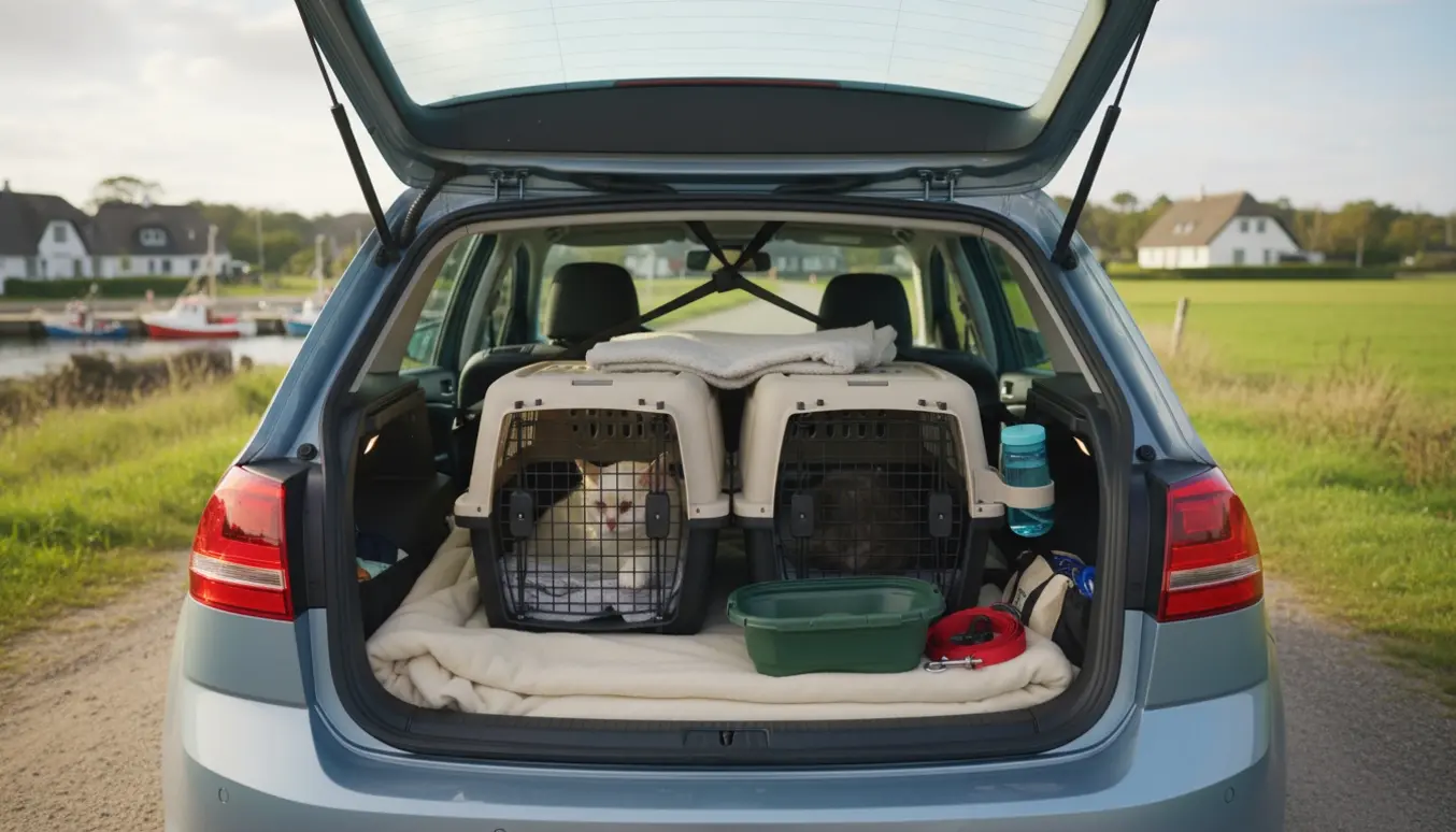 To katte i transportkasser i bagagerummet på en bil ved en dansk kystby, mens hænder sikrer tæpper og udstyr til rejsen.