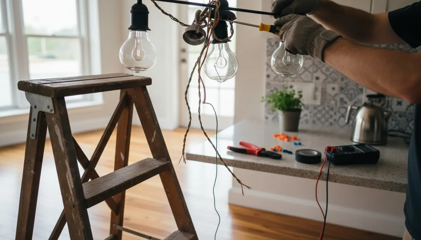 Hænder på en køkkenstige reparerer en blinkende loftslampe med synlige ledninger og værktøj.