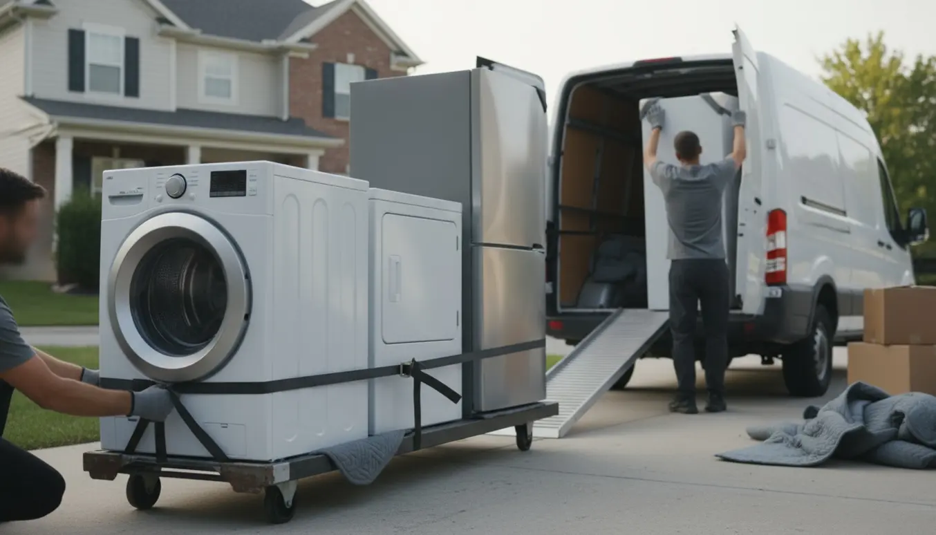 Tre husholdningsapparater — vaskemaskine, køleskab og tørretumbler — læsses ind i en kassevogn på en indkørsel.