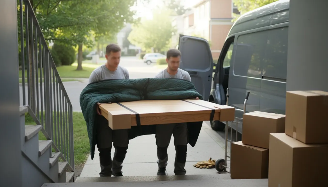 To flyttemænd bærer et 120x120 cm firkantet spisebord pakket i flyttetæpper fra en lejlighed til en flyttebil på en stille gade.