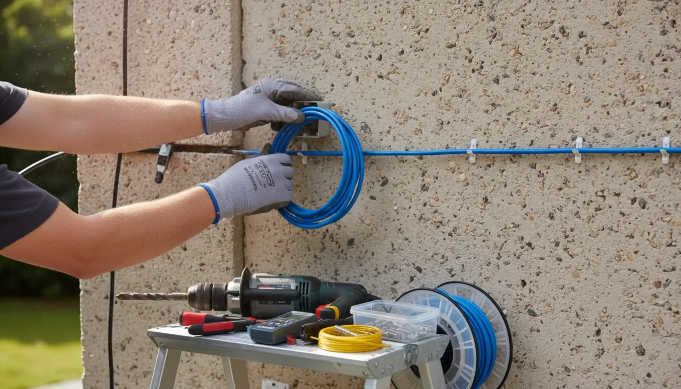 Hænder fører et Ethernet-kabel ind i en ny udendørs netværksdåse på en murstens-/betonvæg.