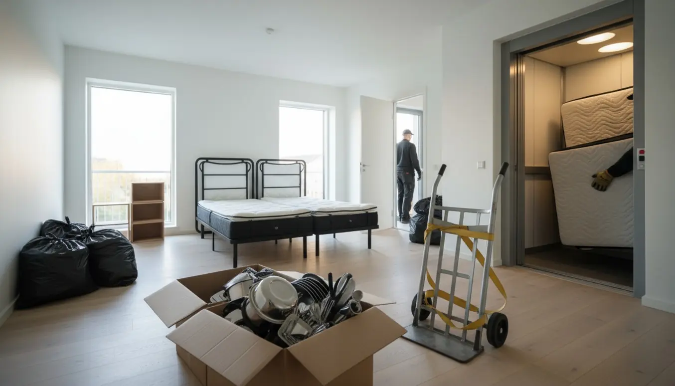 Madrasser og flyttekasser bæres ud af en lys 10. etages lejlighed mod en åben elevator.