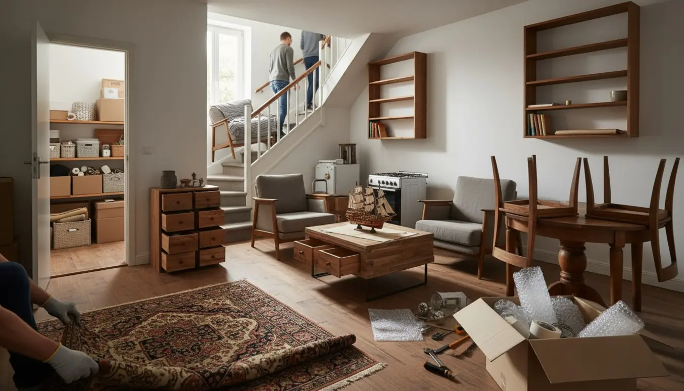 Møbler bæres ned ad trappen, et gulvtæppe rives op og kasser står klar i en lejlighed under rydning.