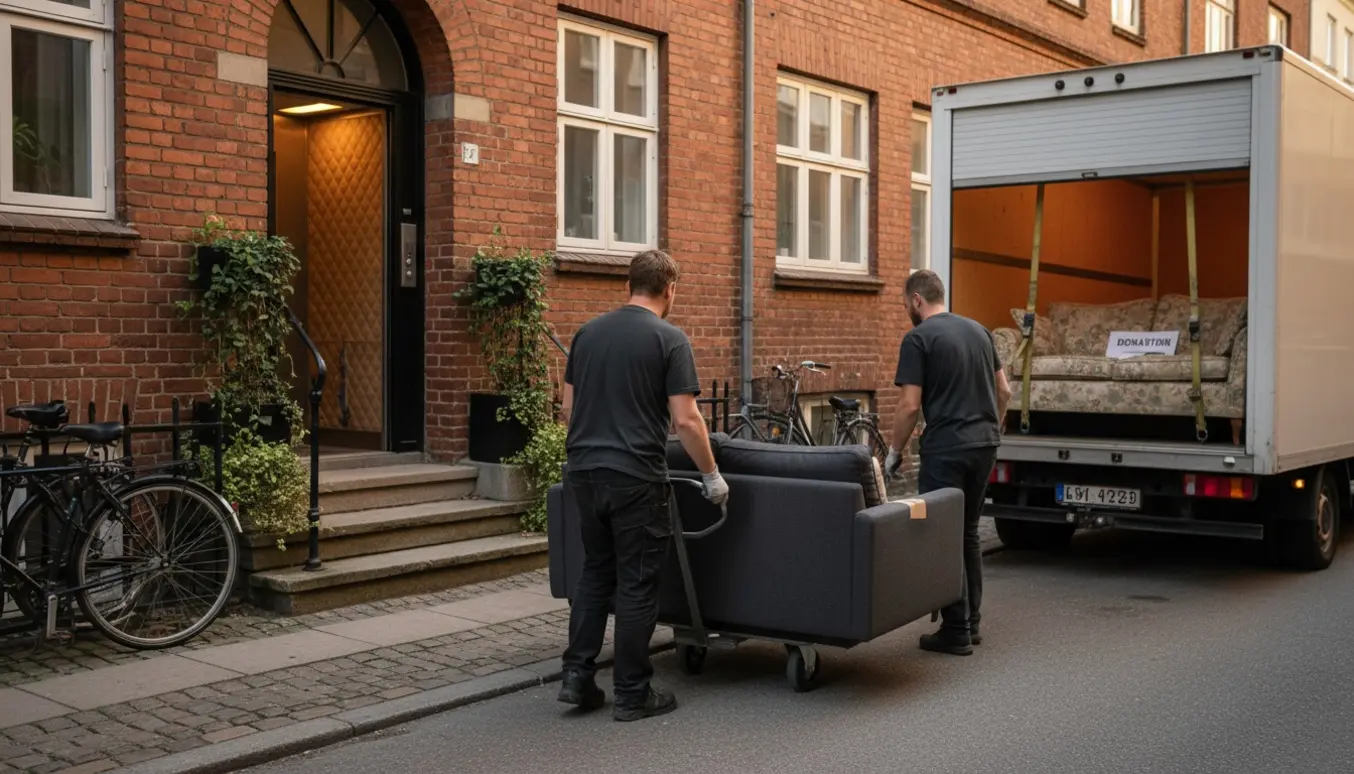 Flyttefolk bærer en ny sofa mod åben elevator på en Nørrebro-gade, mens en gammel sofa er sikret i flyttevogn til genbrug.