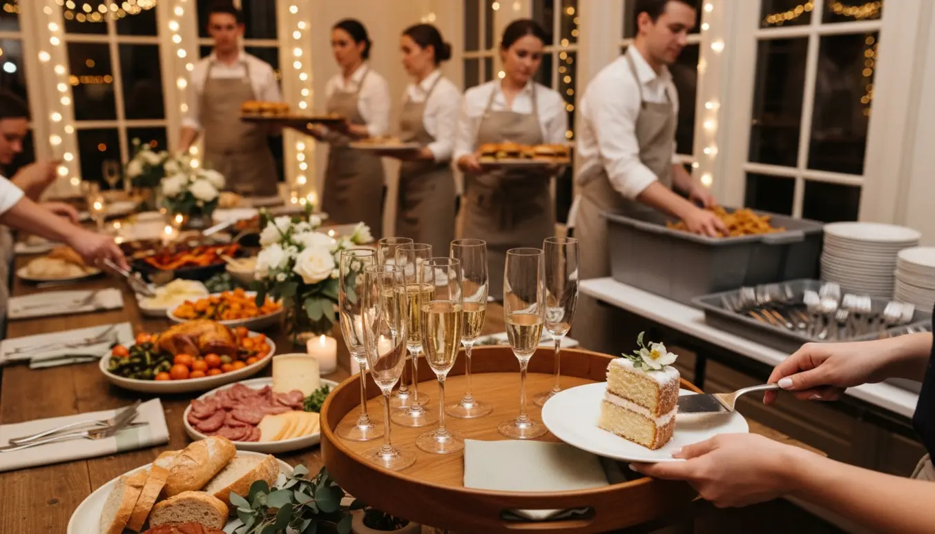 Serveringsteam ved et bryllup: hænder serverer bobler, anretter kage og bærer delte middagsfade.