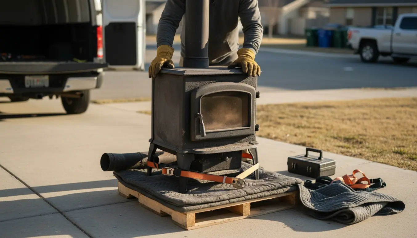 Afmonteret brændeovn på dolly ved åben varebil, klar til bortkørsel til genbrugsplads.