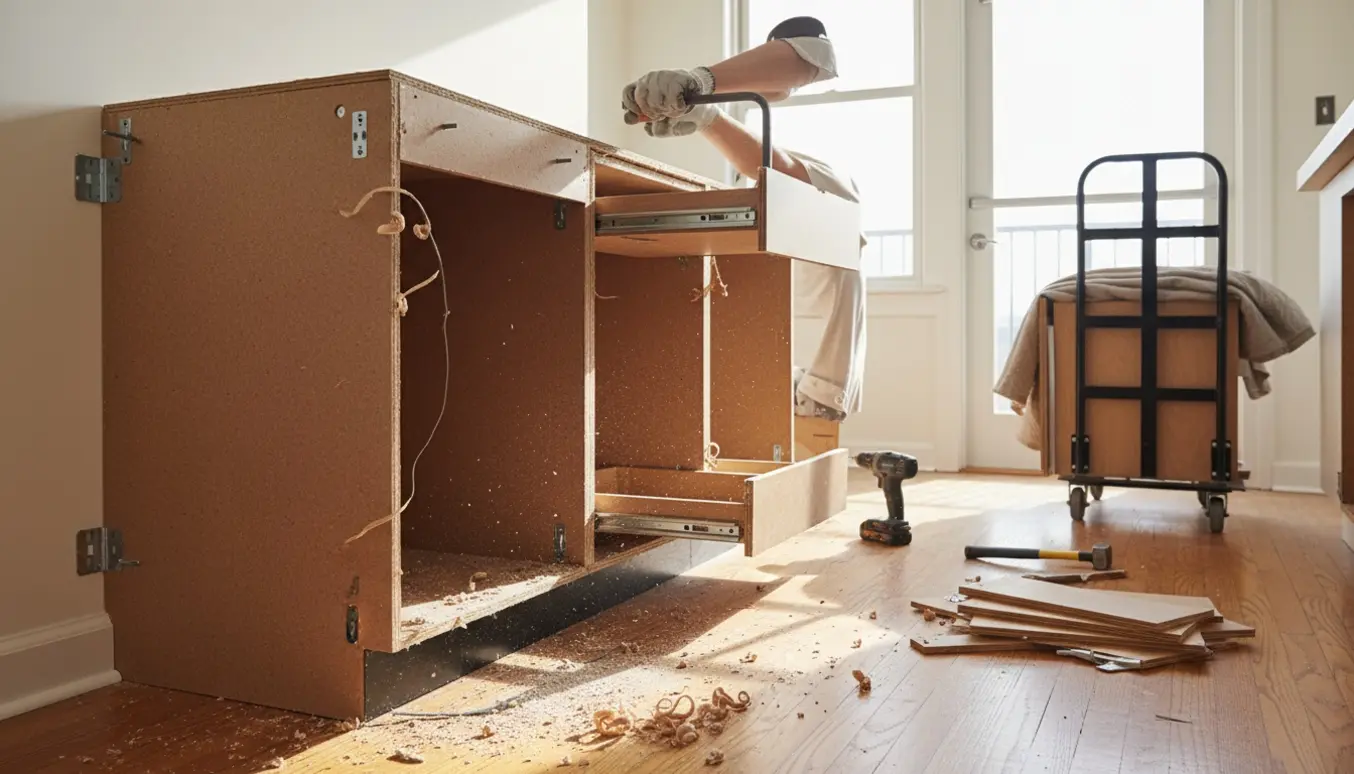 Nedrivning af en køkkenø med skuffefronter fjernet, værktøj og paneler på et trægulv.