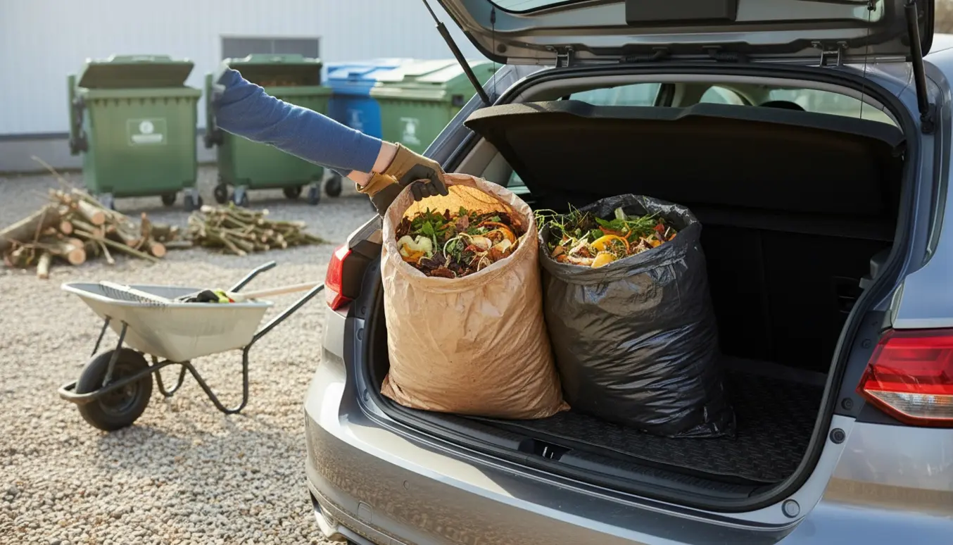 To store poser med organisk affald lægges i bagagerummet ved et genbrugscenter.