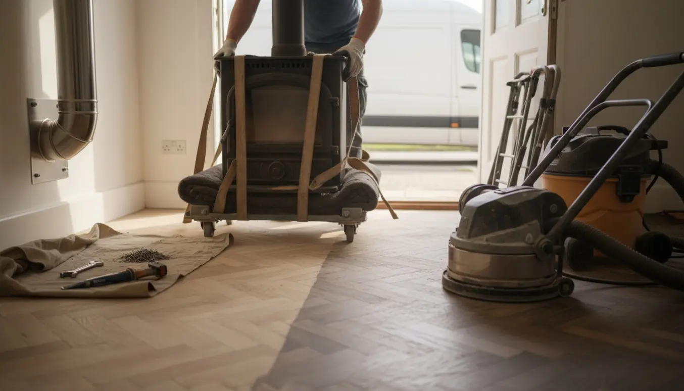 Demontering af tung brændeovn ved åben dør med blændet stålrøgslør og delvist slebet parketgulv.