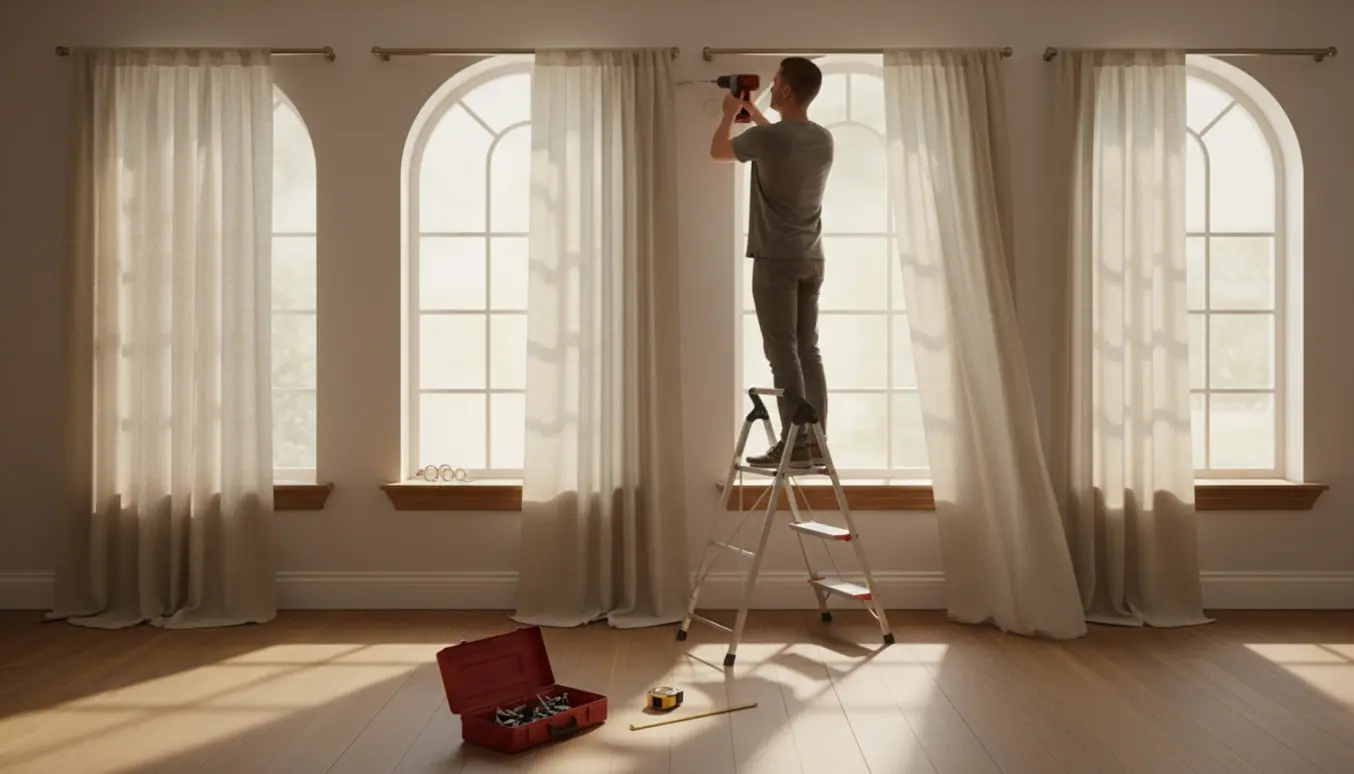 Person hænger tre gardiner op i et lyst værelse med boremaskine og værktøj synligt.
