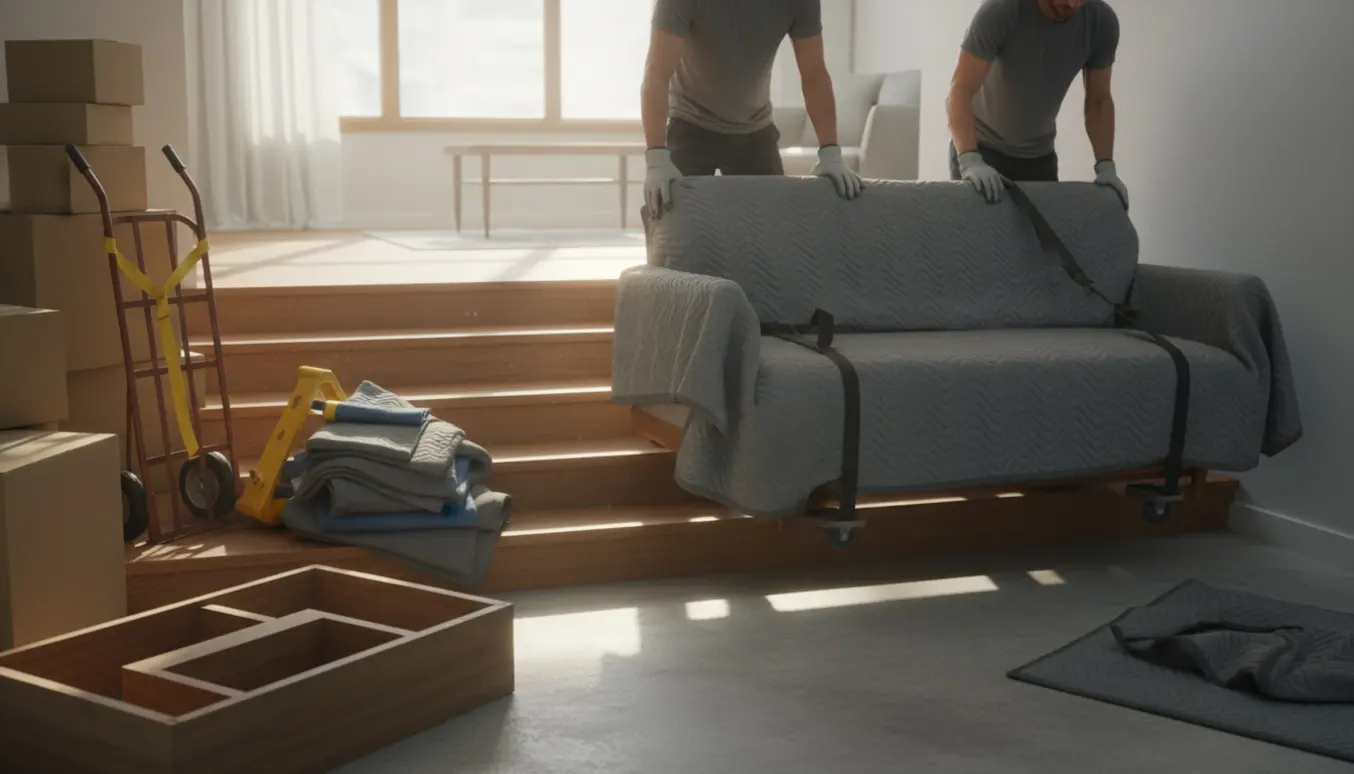 Møbler bliver flyttet mellem stue og kælder med sofa på dolly, flyttetæpper og flytteæsker ved en trappe.