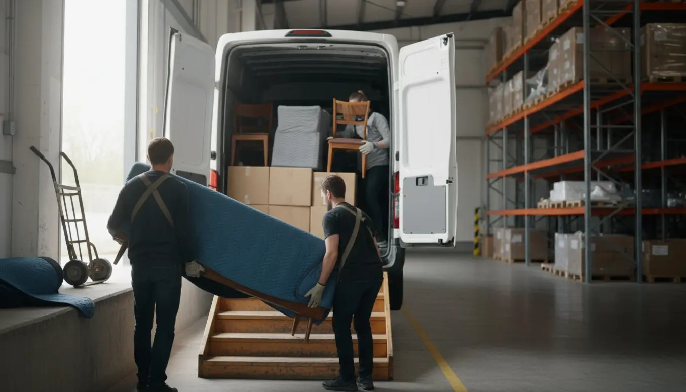To flyttere bærer en indpakket sofa ned ad en trappe mod en åben varevogn ved et lyst lager.