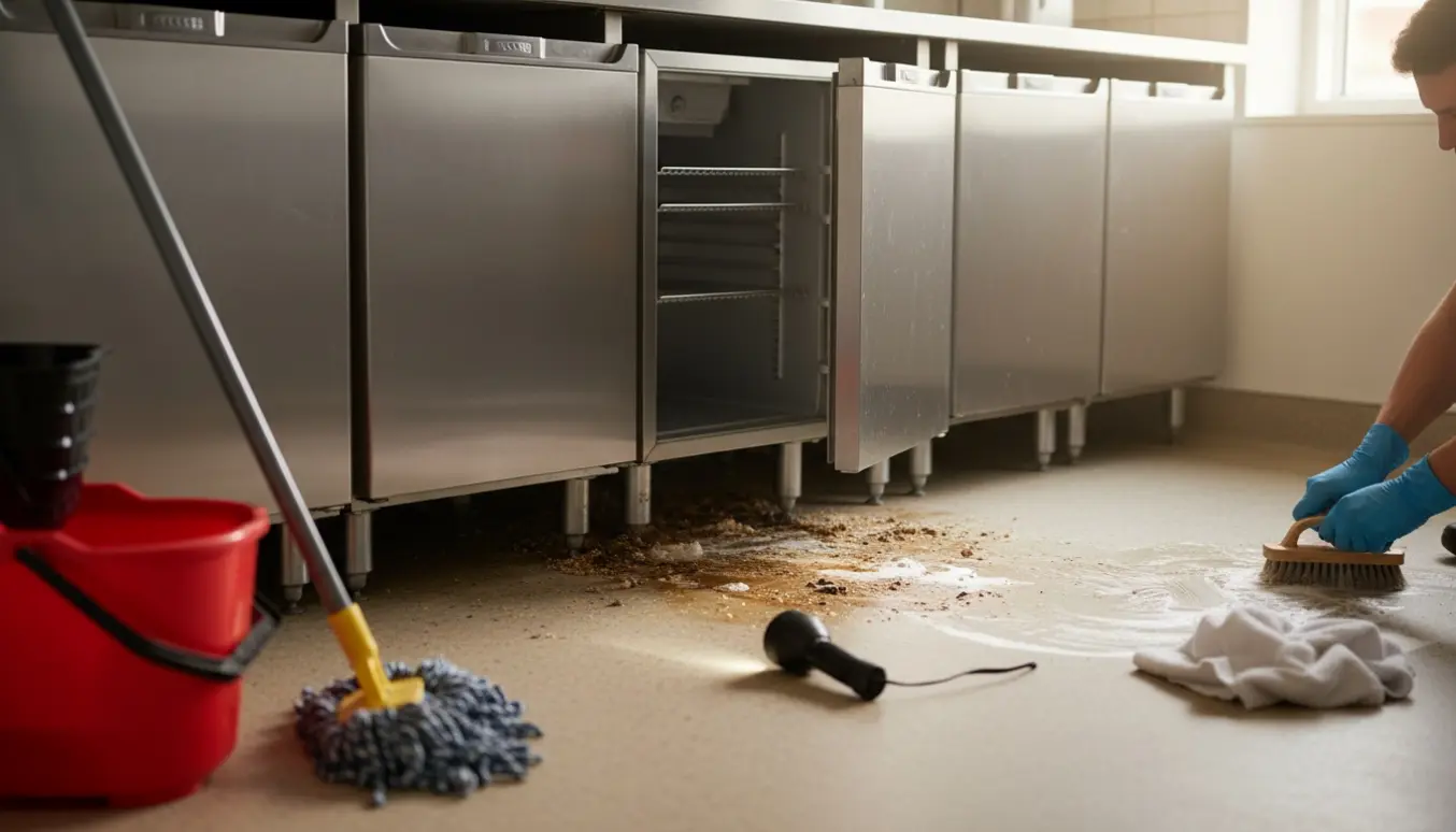 Rengøring under små køleskabe i et køkken/bar på linoleum med moppespand og gummihandsker.