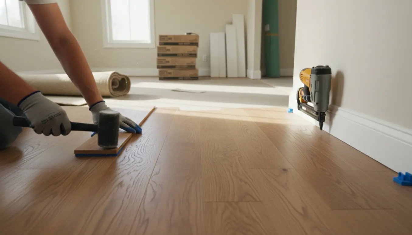 Klikgulv bliver lagt og fodpaneler monteret i et lyst, tomt hjem.