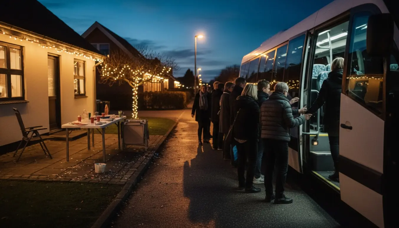 Gæster fra en fødselsdag stiger om bord i en minibus i aftenskumringen på vej mod Odense.