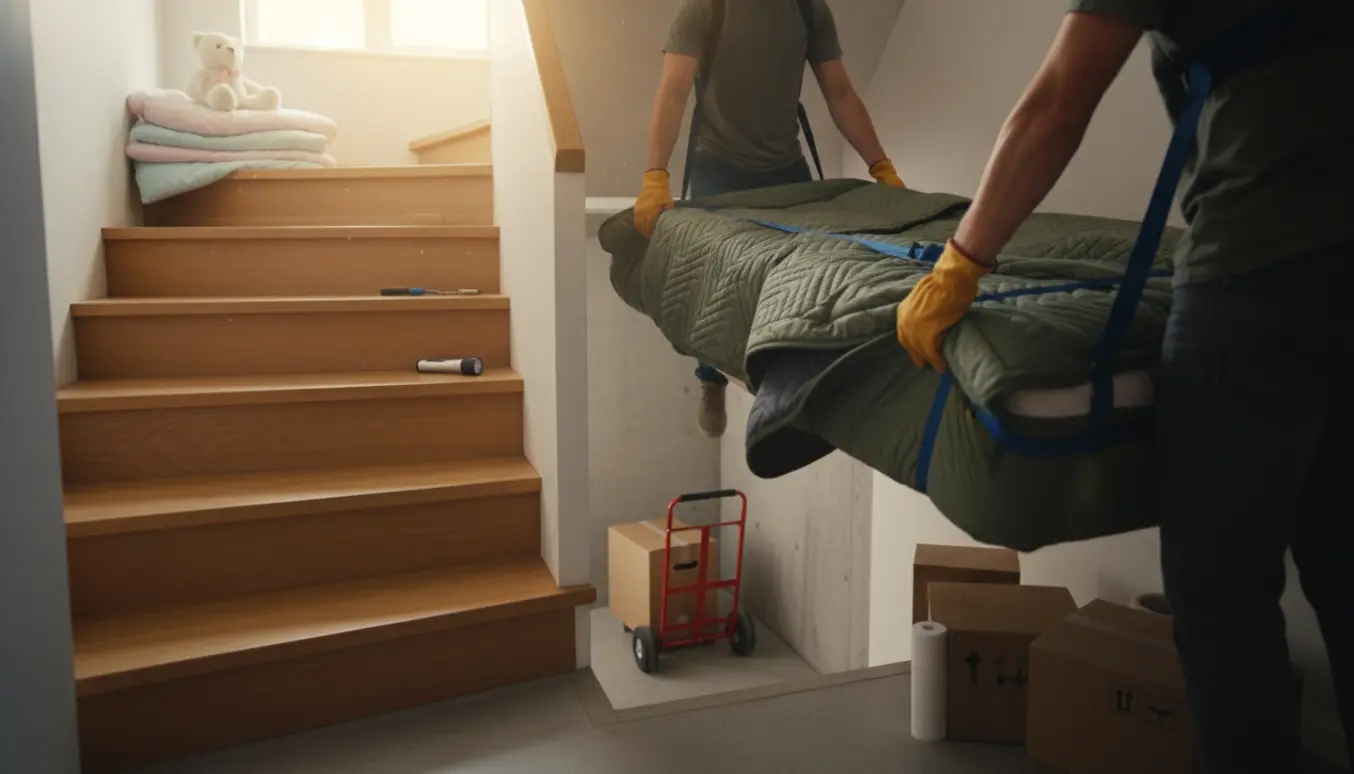 To personer bærer en indpakket børneseng ned ad en trappe mod kælderen med flyttetæpper og dolly.