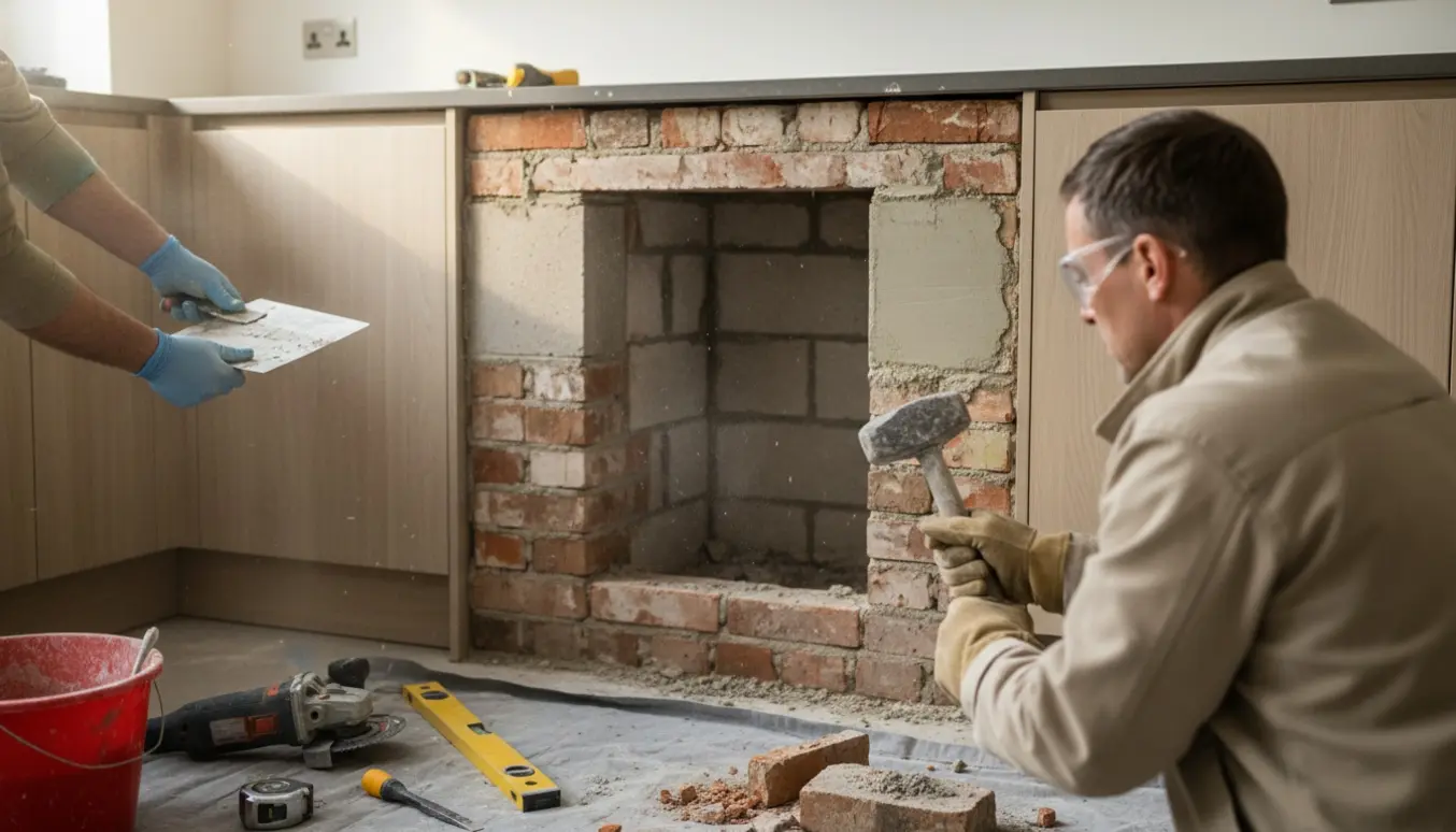 Køkkenvæg med fjernet opmuret hylde, håndværker pudser væg klar til nyt køle/frys.