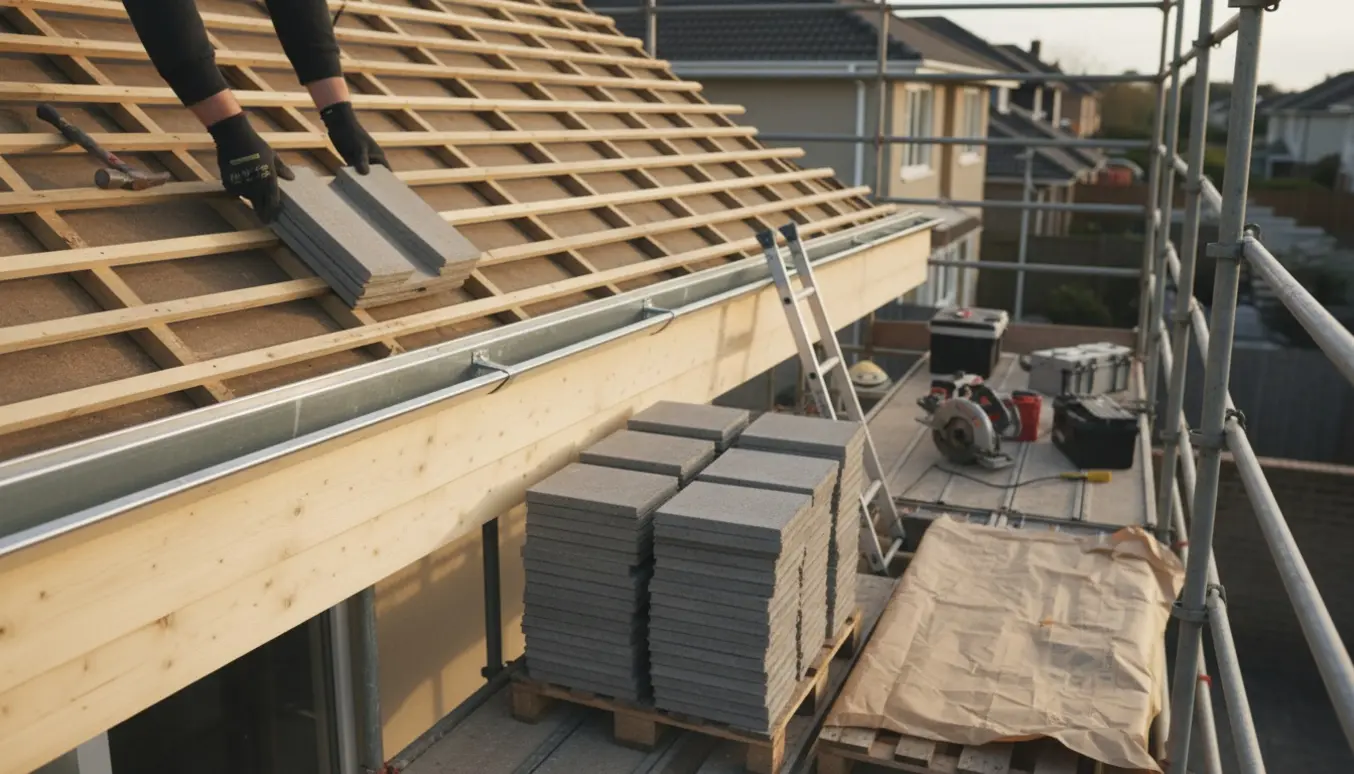 Tagdækning i gang med betonsten, nyt træværk, stillads og leverede materialer ved et enfamiliehus.