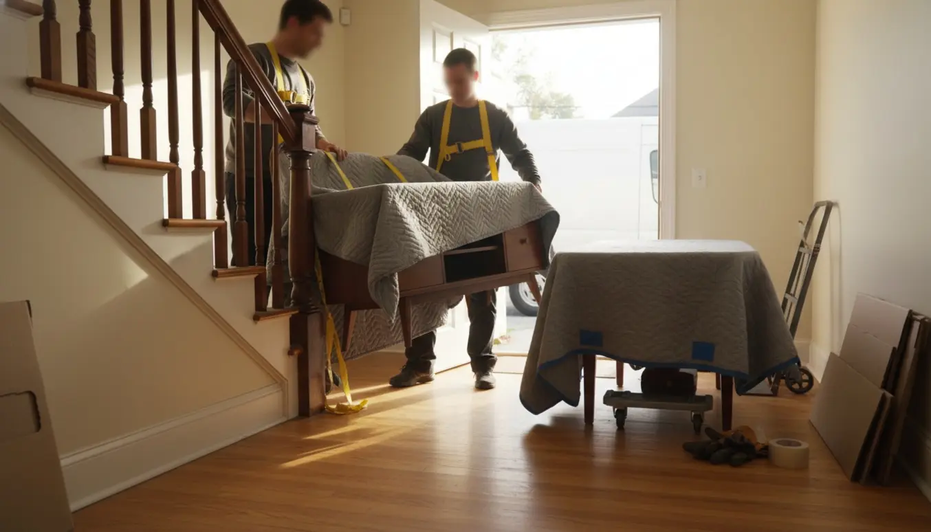 To flyttefolk bærer et samlet TV-bord op ad en trappe i morgenslys, med et indpakket spisebord og flytteudstyr i baggrunden.