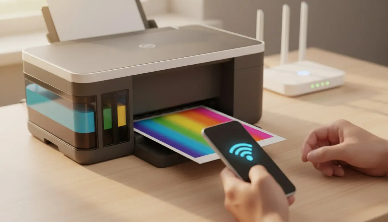 Nærbillede af en hjemmekontorprinter med synlige blækbeholdere, en smartphone der viser Wi‑Fi-forbindelse, og en udskrift på vej ud.