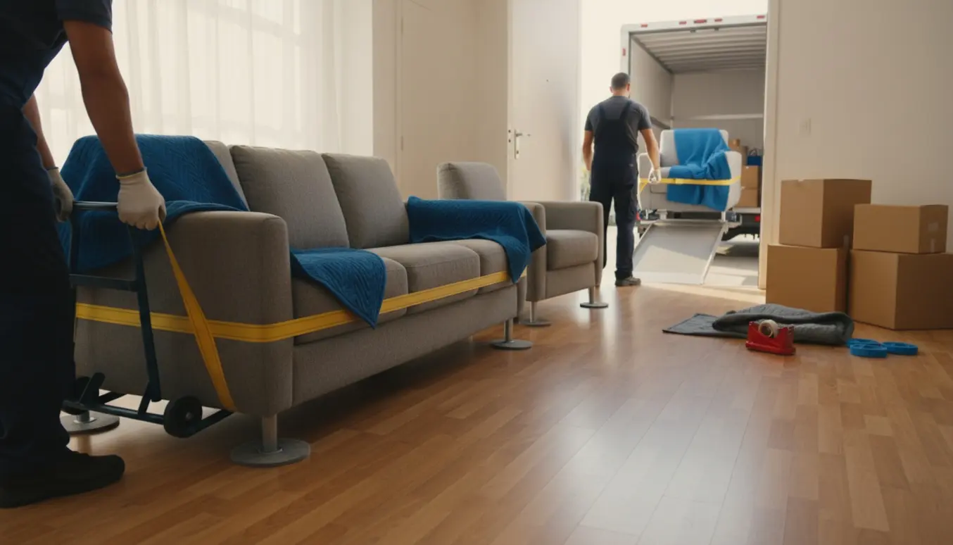 To personer bærer en trepersoners sofa og to lænestole ud mod en åben flyttevogn med flyttetæpper og kasser.