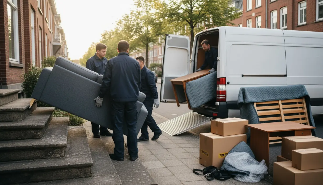 Professionelle flyttemænd læsser sofaer, spisebord og børneseng ind i en flyttebil foran et rækkehus.