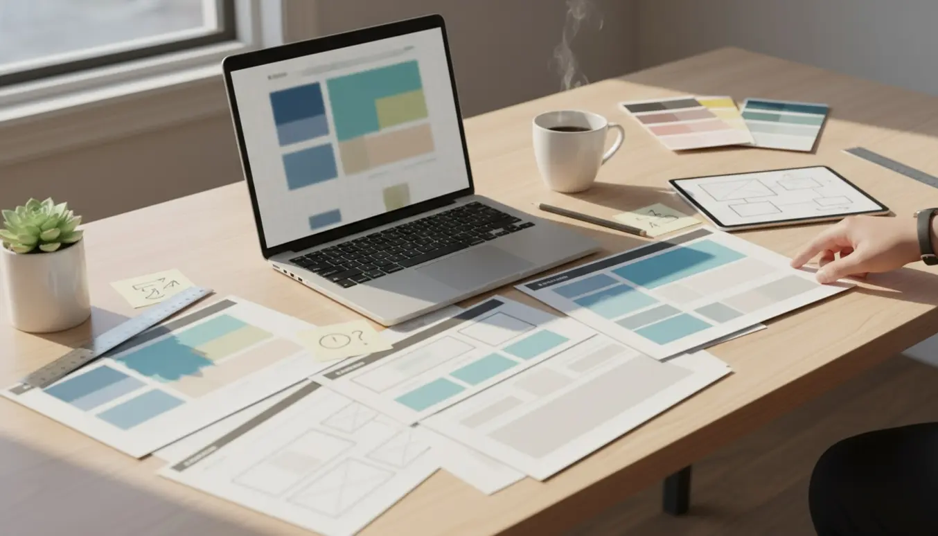 Arbejdsbord med bærbar, tablet, trykte mockups, farveprøver og en designers hænder, der ordner skitser til redesign af en hjemmeside.