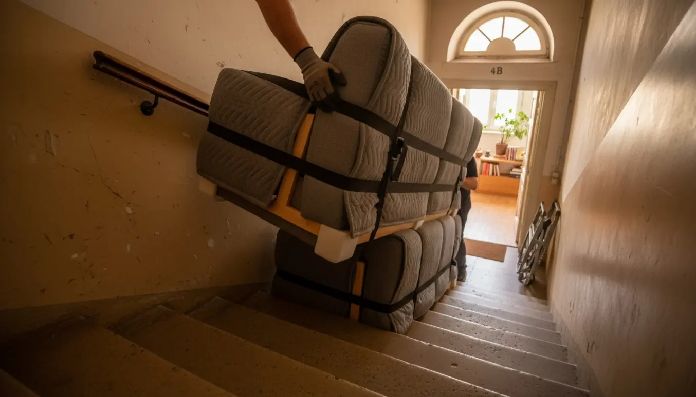 To personer bærer en modulsofa op ad en smal trappe til fjerde sal uden elevator.