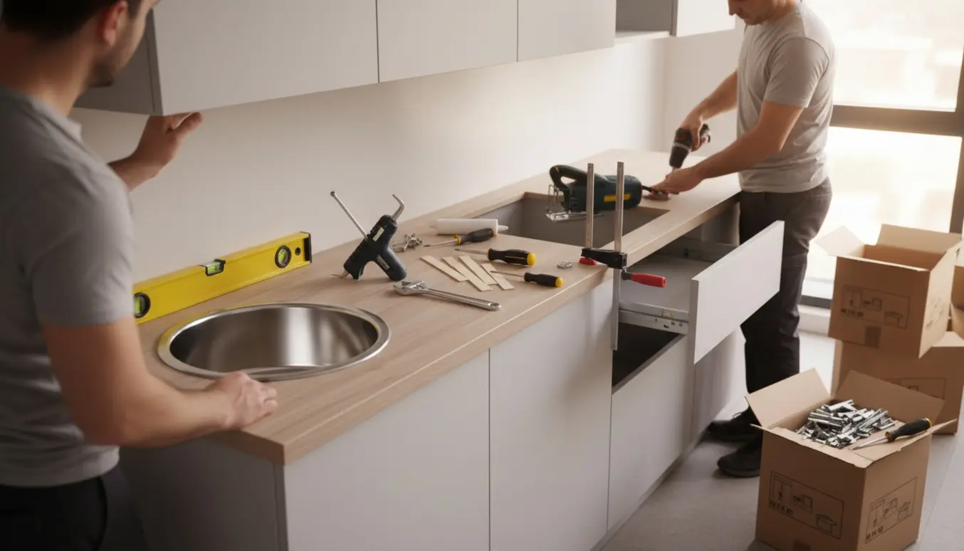 Hænder nivellerer og monterer skabe, bordplade, vask og kogeplade i et lyst, moderne køkken.