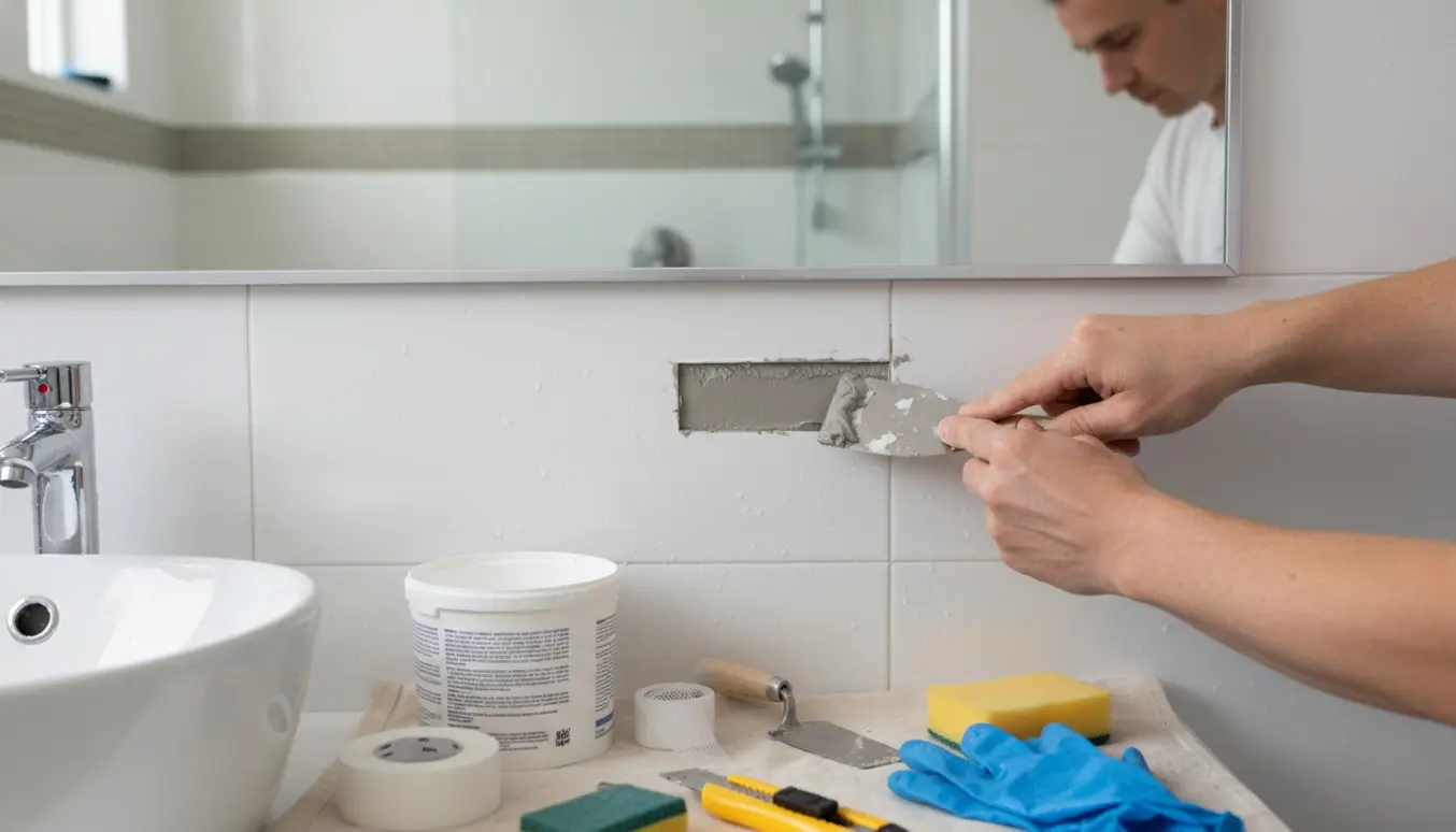 Hænder spartler et hul under et spejl i et vådrum med vandtæt spartelmasse.