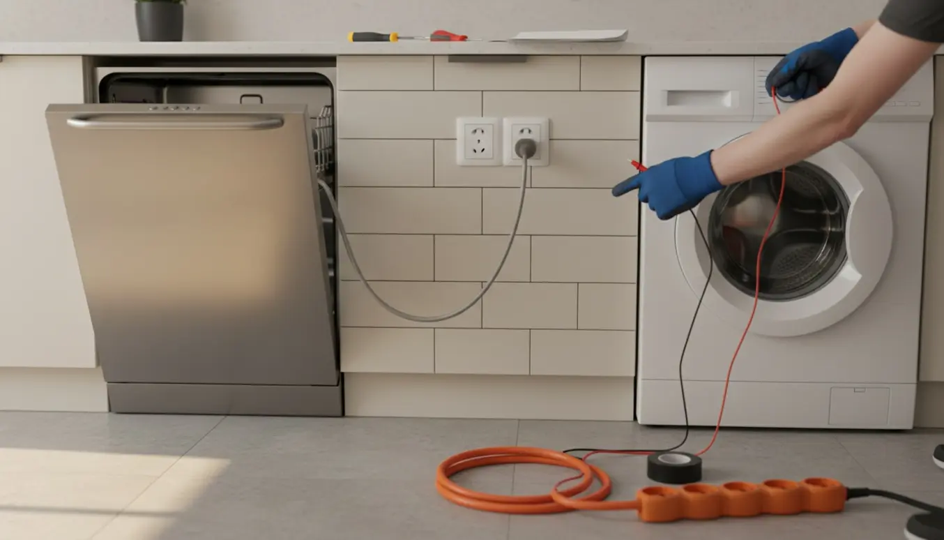 Opvaskemaskine trukket delvist ud med ledninger, stikkontakt og vaskemaskine ved siden af i et moderne køkken.