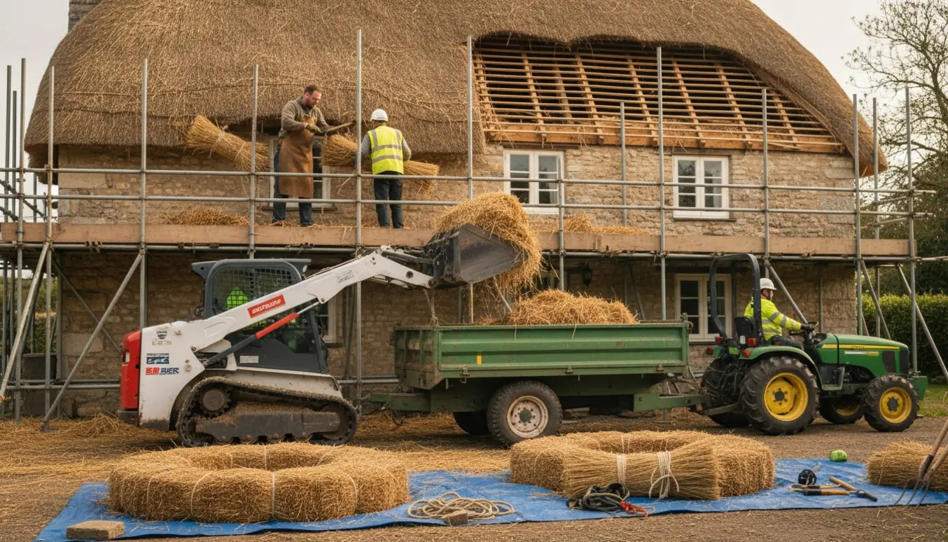 Arbejder fjerner gammelt stråtag fra en ældre gård, med stillads omkring og en maskine, der læsser strå i en tiptrailer.