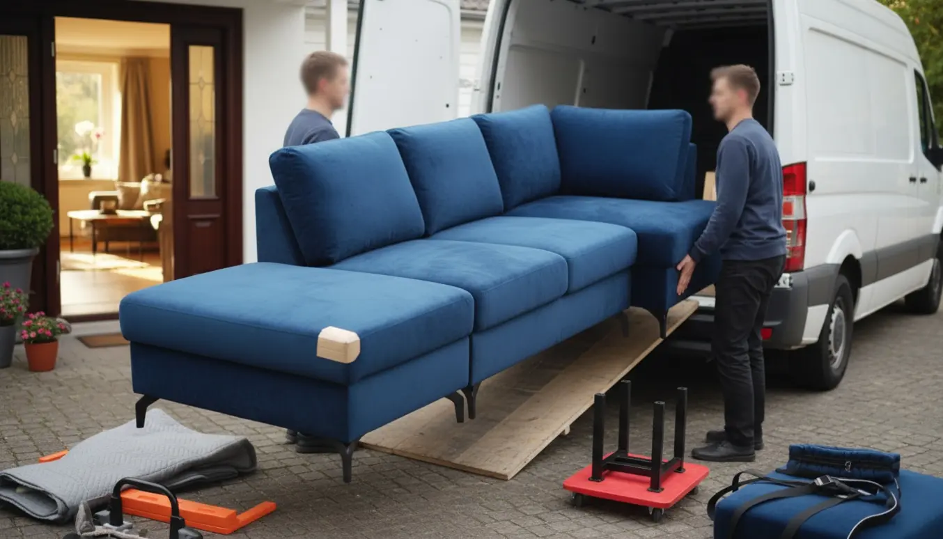 Blå hjørnesofa i velour læsses ind i en varevogn med flyttetæpper og remme på en privat indkørsel.