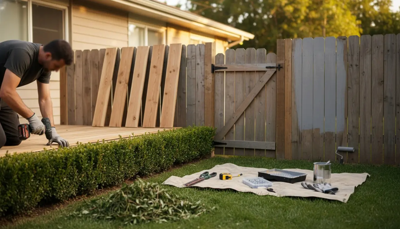 Nyklippet hæk, udskiftning af træplader på terrassen og maling af stakit i varmt eftermiddagslys.