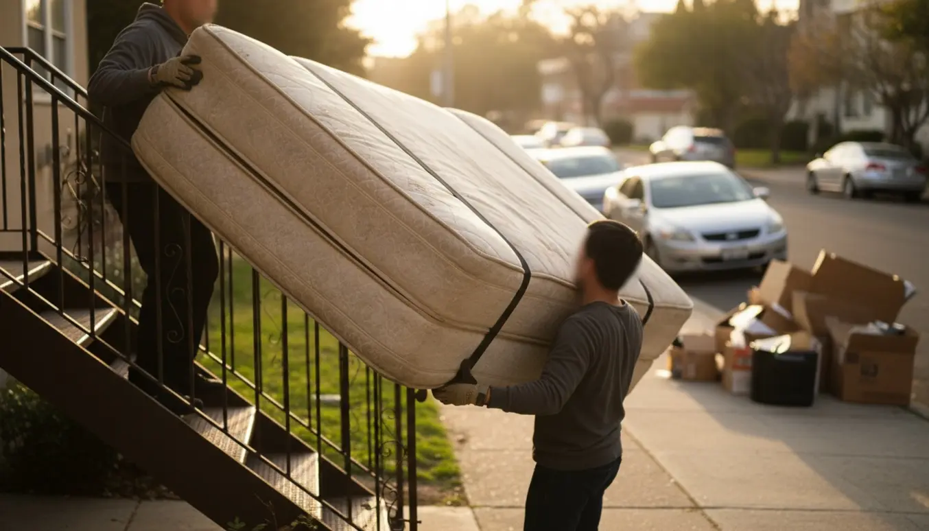 To personer bærer en stor boksmadras ned fra anden sal og langs gaden mod et storskraldsområde.