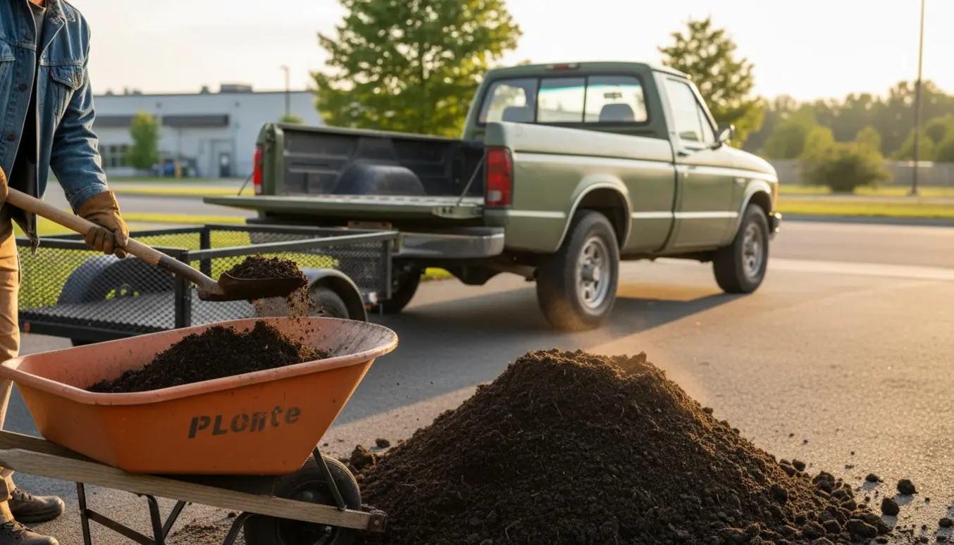 Stor bunke jord ved en parkeret varebil og trailer, en person skovler jord i en trillebør klar til bortkørsel.