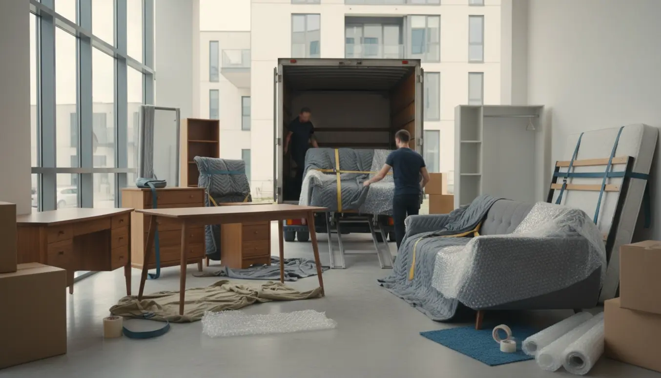 Flyttefolk læsser indpakkede møbler og kasser ind i en åben flyttebil foran en lys stue.